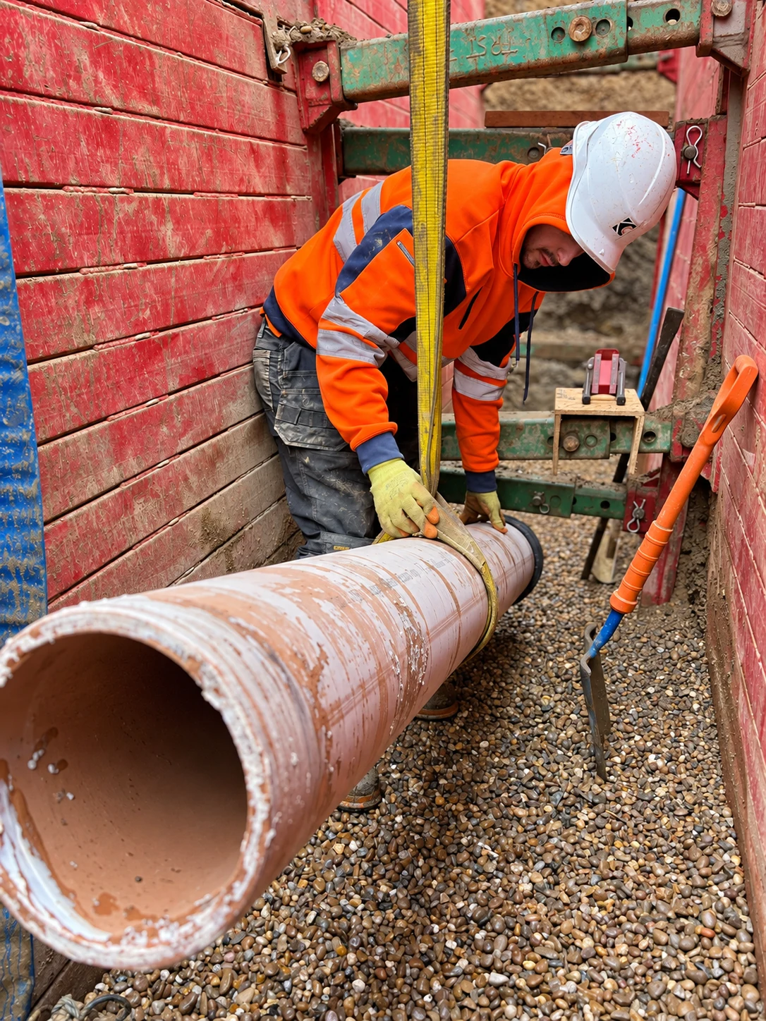 Kirk construction operative positioning drainage pipework in a supported trench