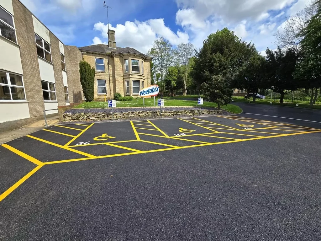 Marked parking bays and surrounding buildings